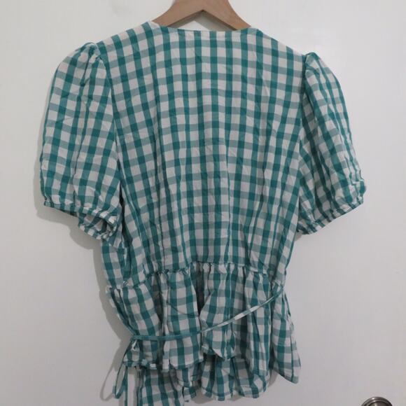 LOFT Women Sz S Teal White Gingham Plaid Surplice V Neck Wrap Blouse Puff Sleeve - Picture 2 of 7